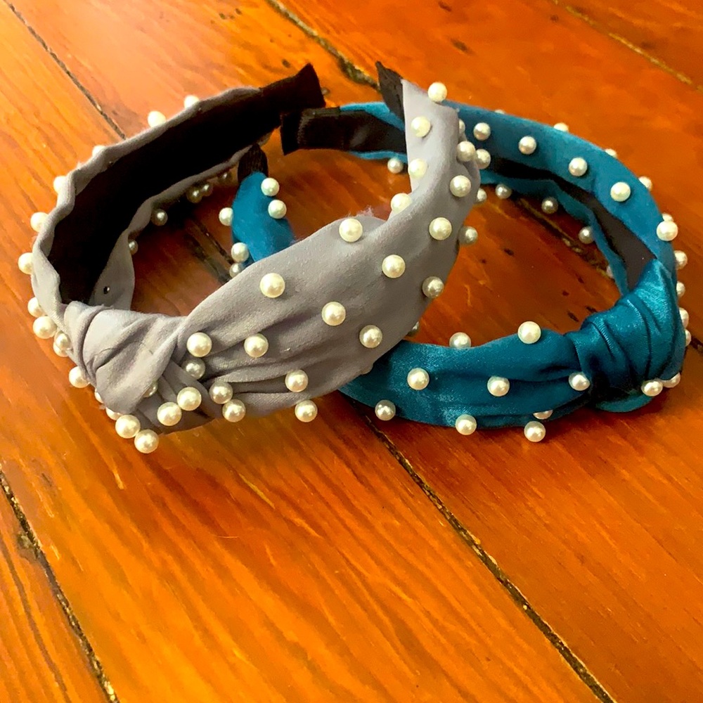 Set of two pearl beaded top knot headbands